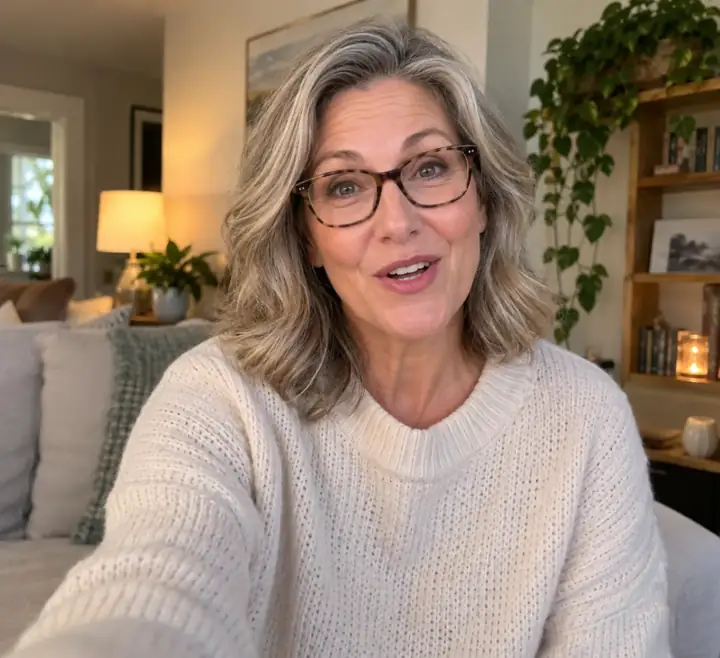 Mature woman with glasses speaking naturally to camera in a home setting