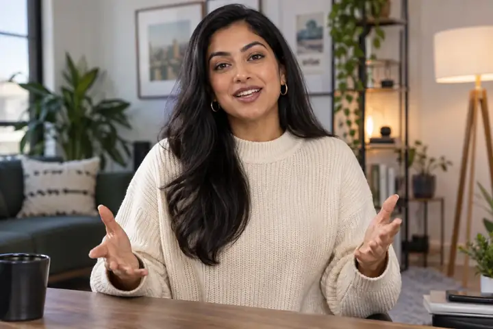 South Asian woman presenting confidently to camera in a modern room