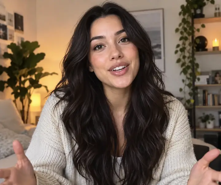 Young woman with dark hair recording a friendly talking head video