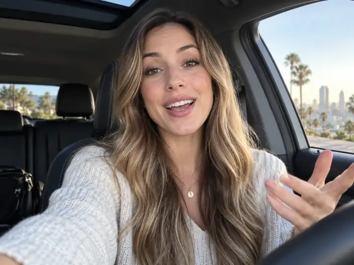 Smiling woman creator speaking from the front seat of a car