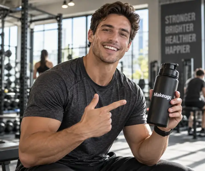 Fit male creator presenting a product in a bright gym