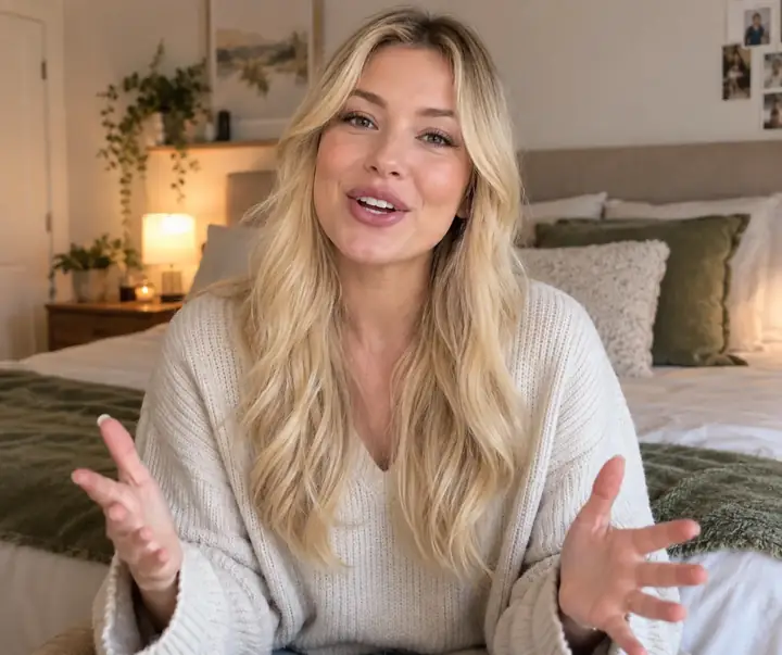 Blonde woman creator speaking in a softly lit bedroom