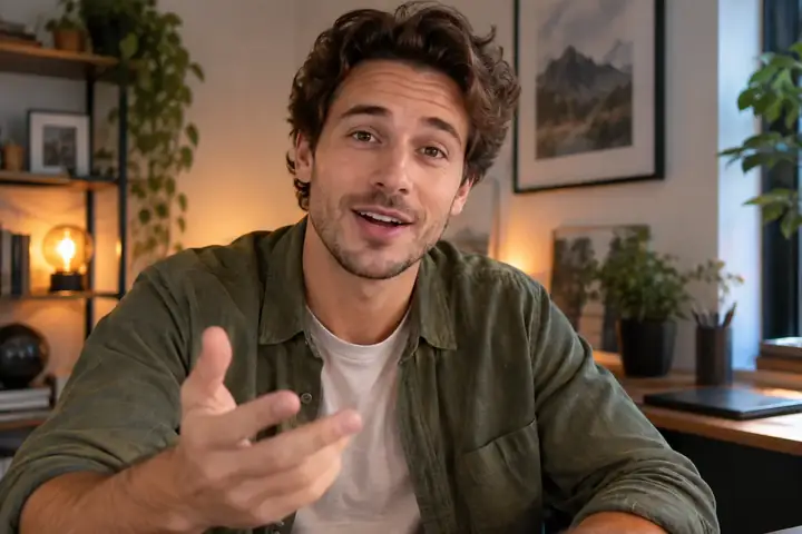 Young man speaking casually to camera from a home office