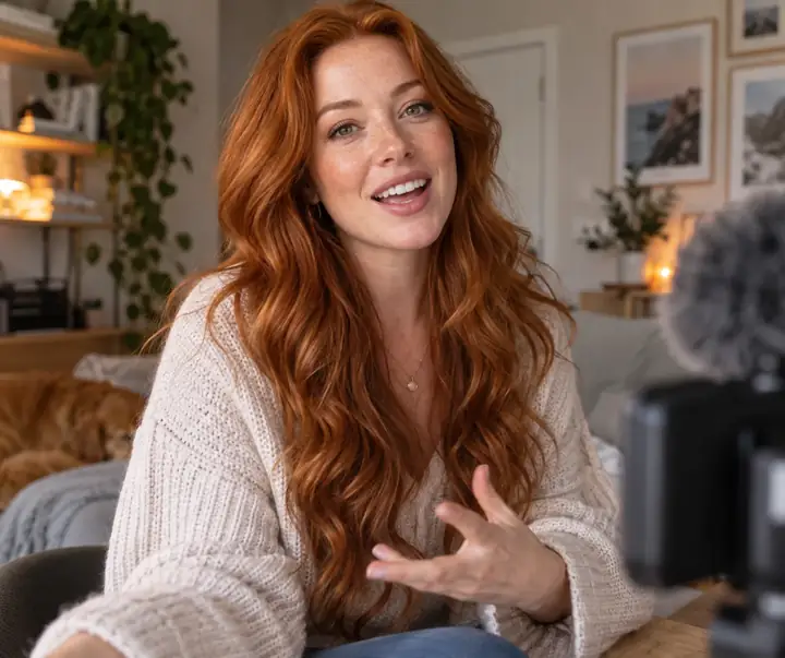 Red-haired woman creator recording a relaxed product review