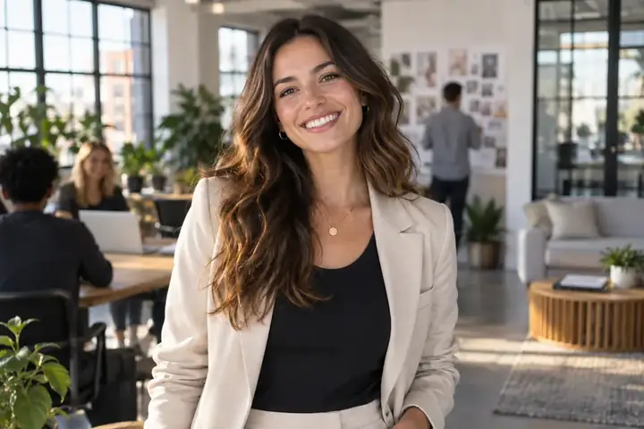 Marketing leader smiling in a modern office