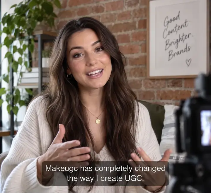 Woman creator recording a captioned UGC testimonial beside a brick wall