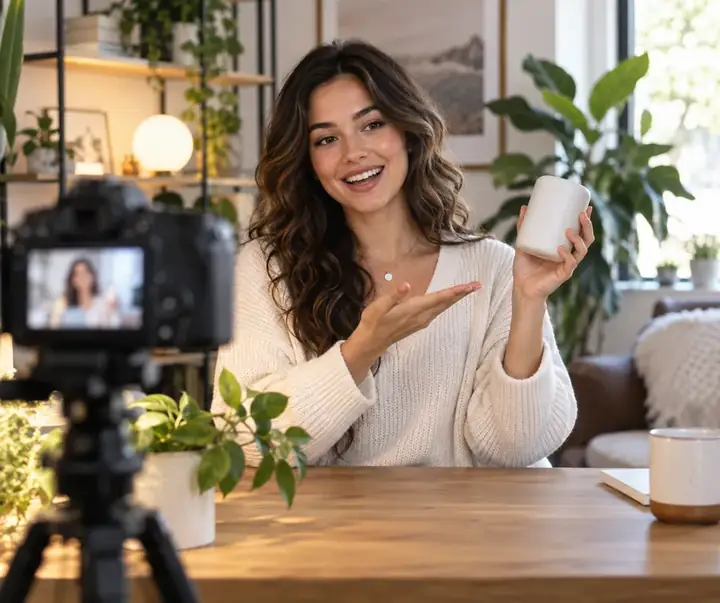 Creator explaining a product benefit in a bright home studio