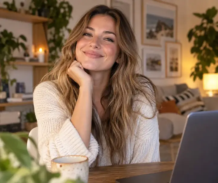 Founder smiling in a warm home setting