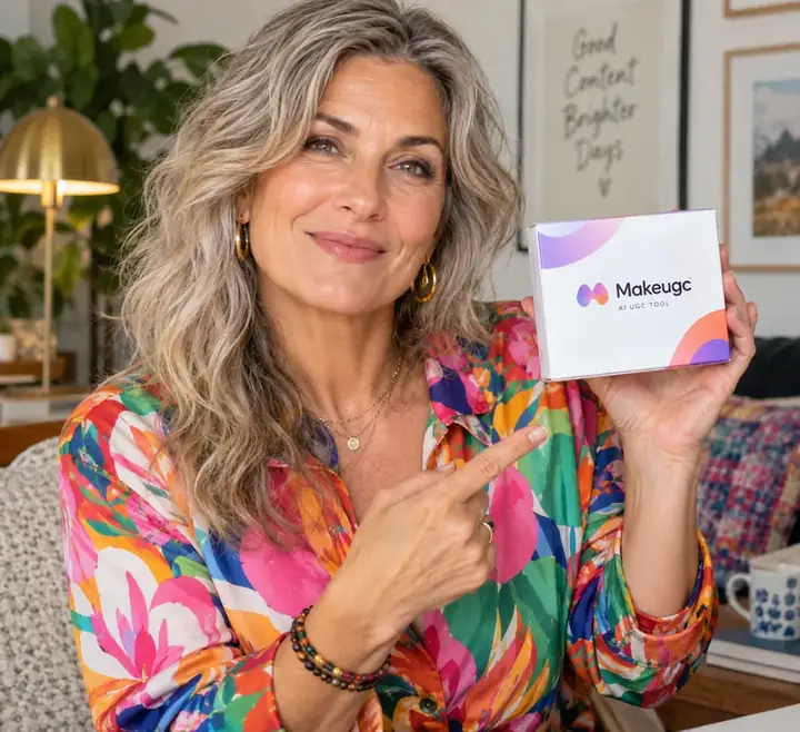 Mature creator wearing a colorful outfit and holding a product