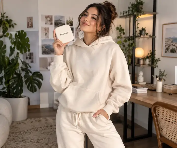 Young fashion creator modeling a coordinated outfit indoors