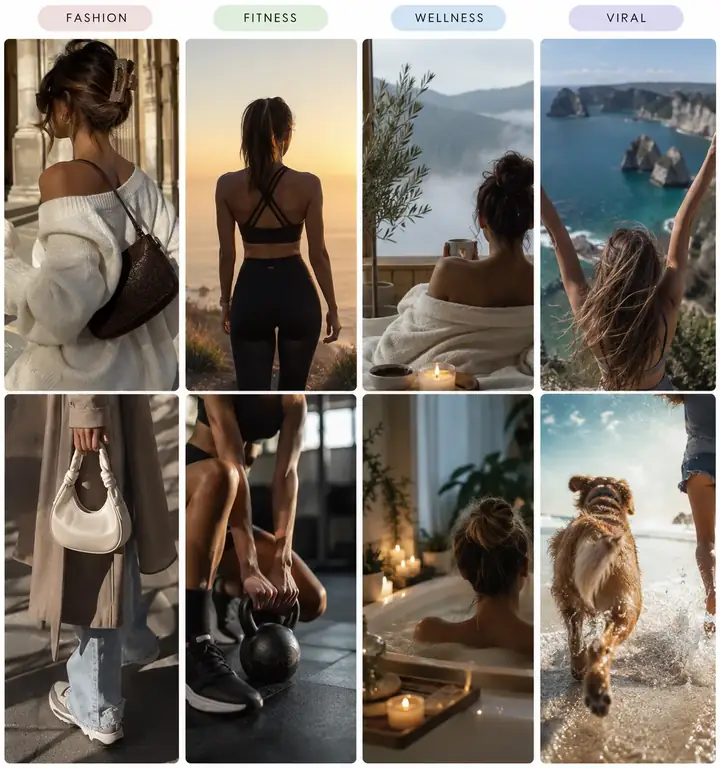 Content library showing vertical UGC ad formats filtered by fashion fitness wellness and viral categories