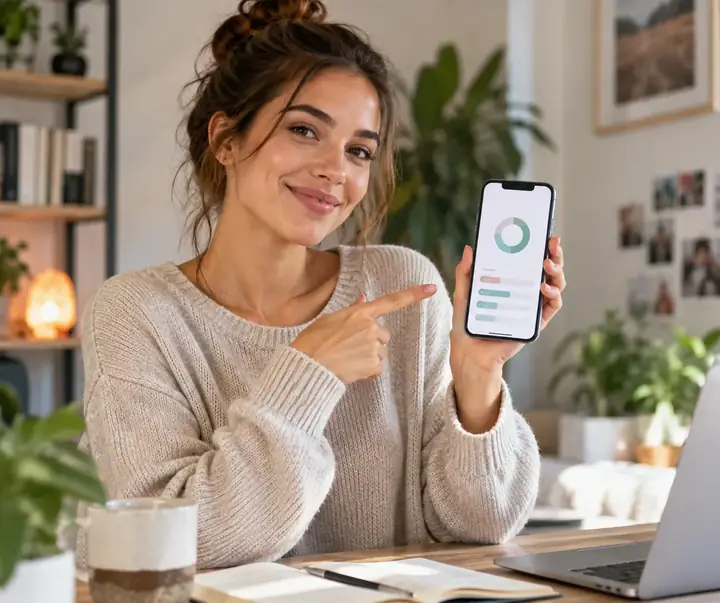 Confident creator showing a mobile budgeting app on a phone