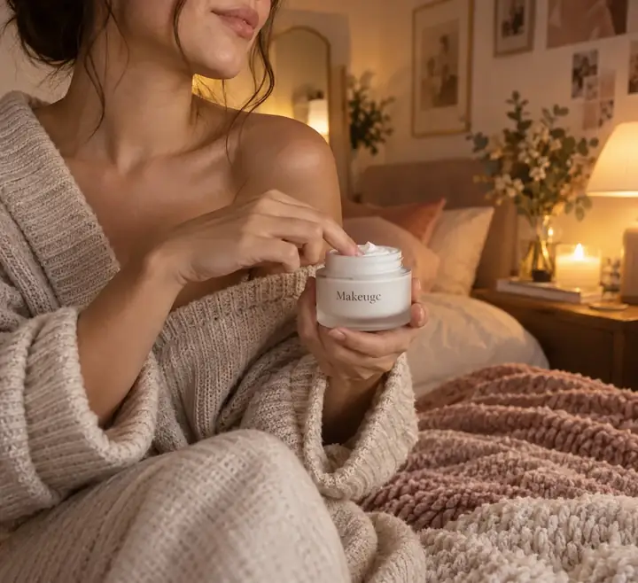 Creator presenting a skincare cream in a warm cozy bedroom