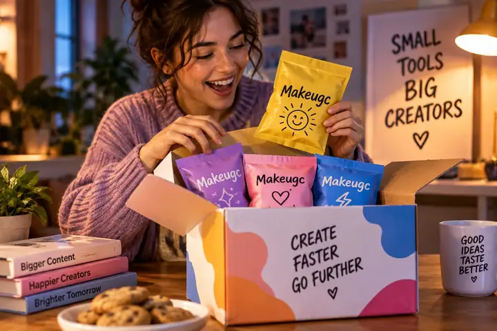 Playful creator unboxing colorful snack products with bold captions
