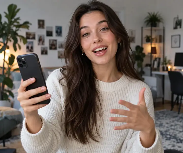 Young creator speaking to camera while holding a phone