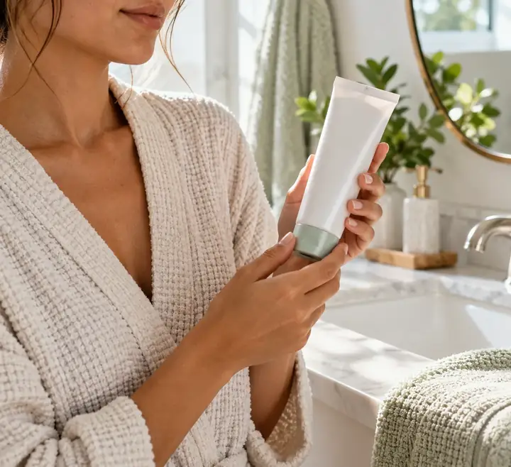 Creator presenting a skincare product in a bright bathroom