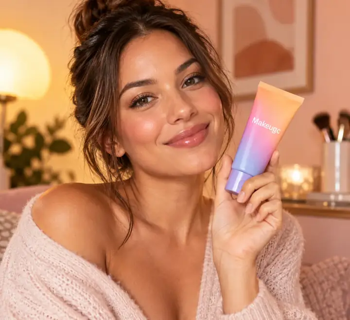 Beauty creator holding a colorful cosmetic product against a warm background