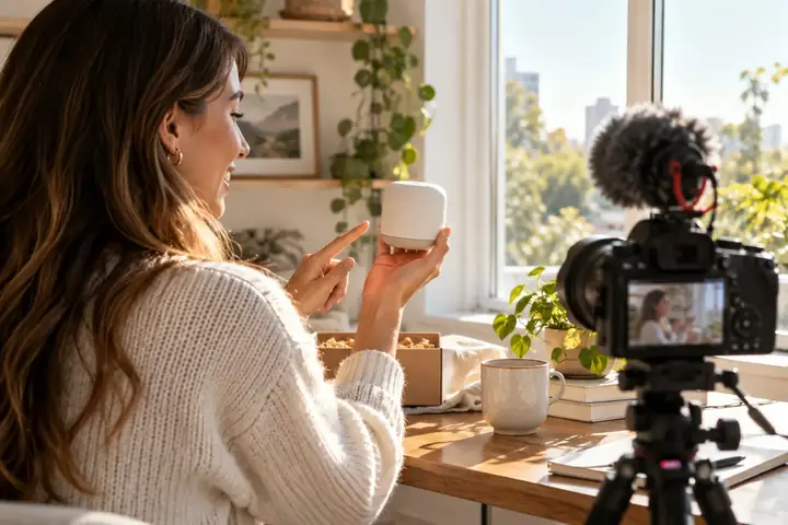 Creator recording a product demonstration beside a sunny window