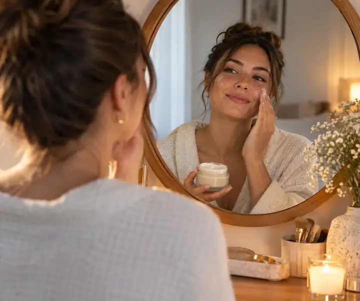 Creator applying a beauty product while looking into a mirror