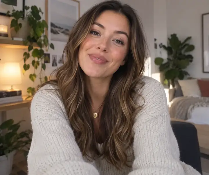 Smiling creator speaking directly to camera in a softly lit room