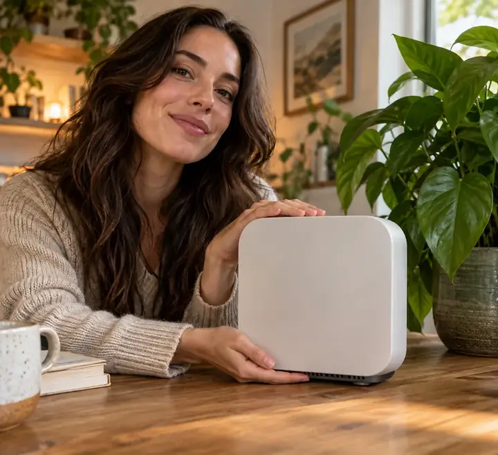 Creator presenting a home product beside a leafy indoor plant