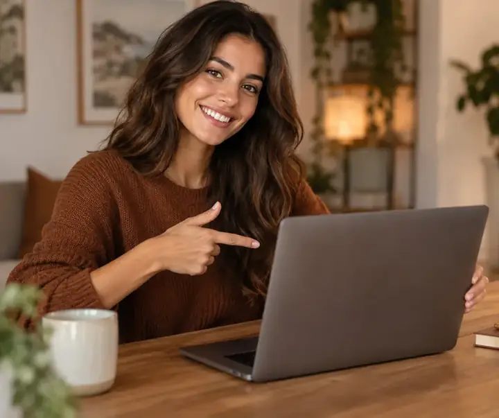 Woman recreating the same gesture in a warm brown outfit