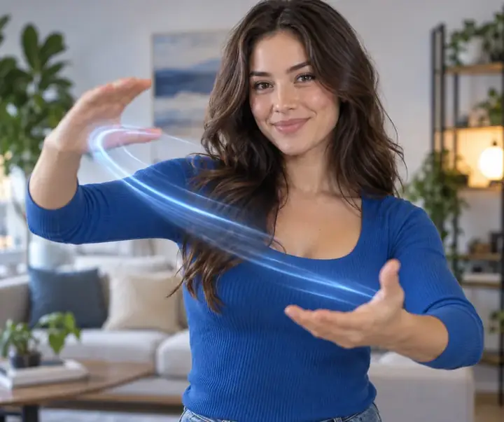 Woman in a blue top demonstrating a gesture for motion transfer