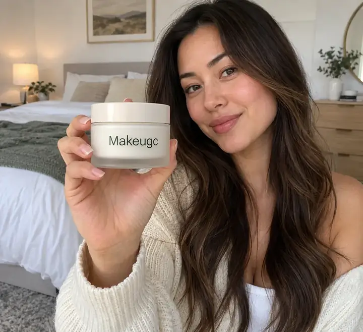 Creator holding a skincare jar toward the camera in a clean bedroom