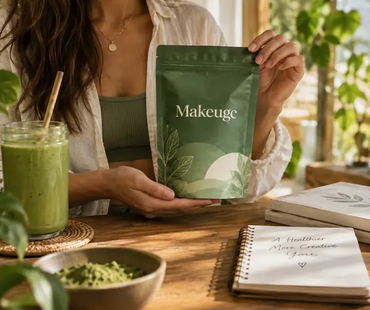 Creator presenting a green supplement package in a natural lifestyle setting