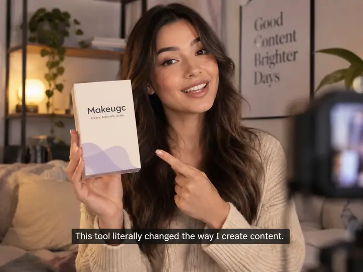 Video editor preview showing a creator holding a skincare product with captions