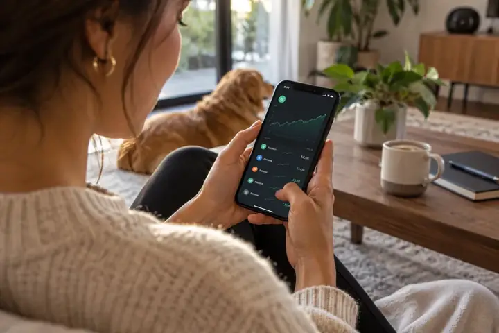 Creator holding a phone with a finance app interface