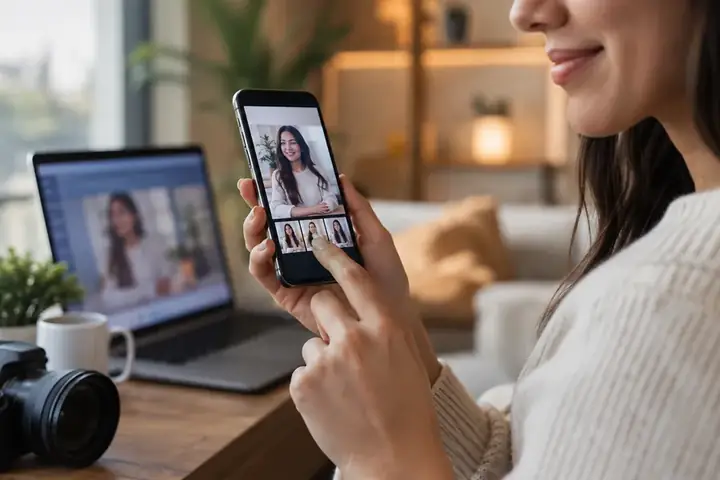 Close-up of creator demonstrating a mobile app